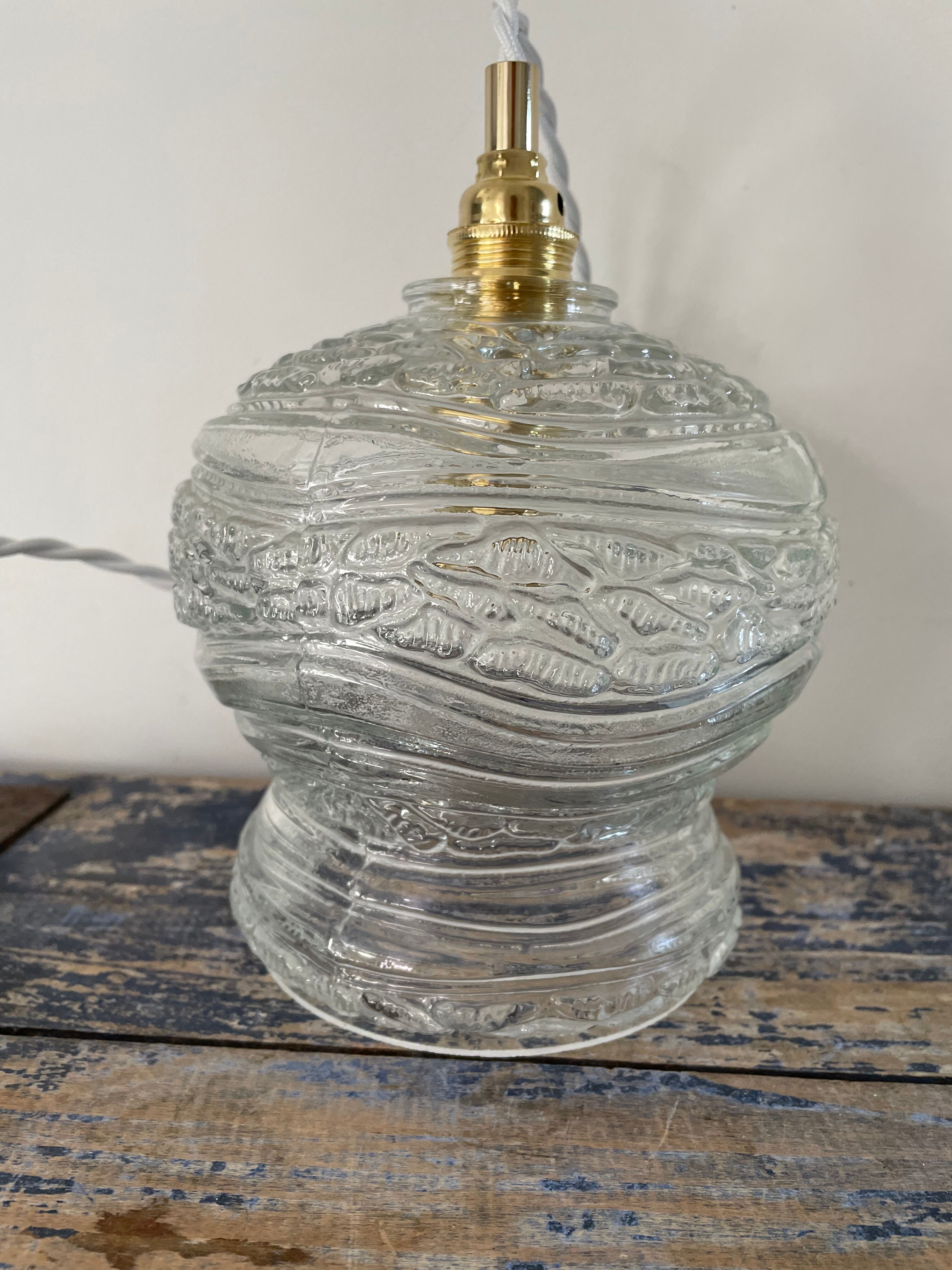 Set of two vintage electrified glass pendant lamps