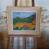 Old painting, oil on canvas from the 1950s, bridge against the backdrop of Mediterranean mountains