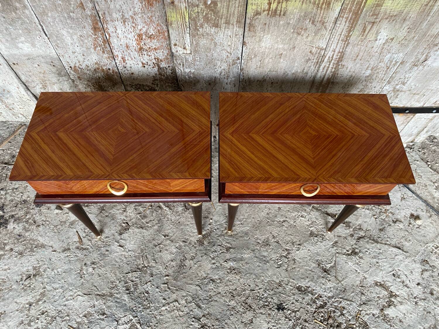 Nightstand Pair Wooden Drawer Compass Legs Vintage #D505