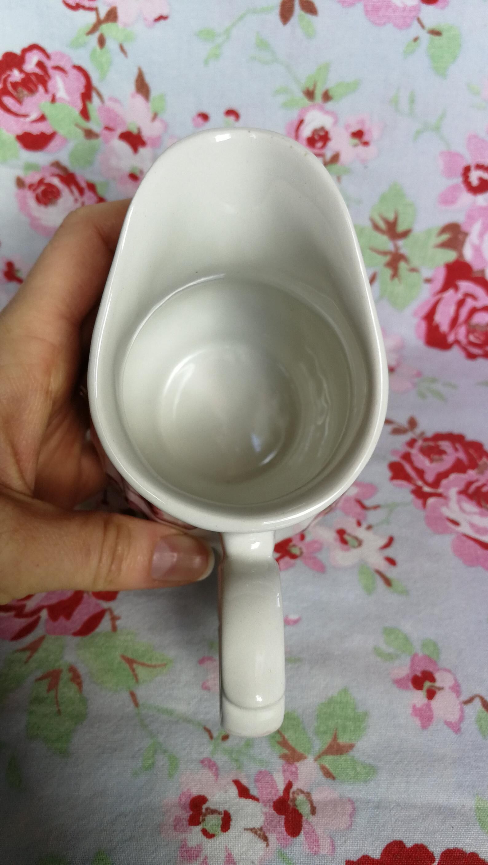 Milk Pitcher Wood & Sounds England, red pear cherry fruit patterns, made in England