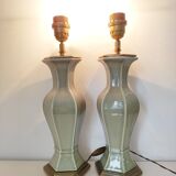 Two celadon-colored ceramic lamp bases
