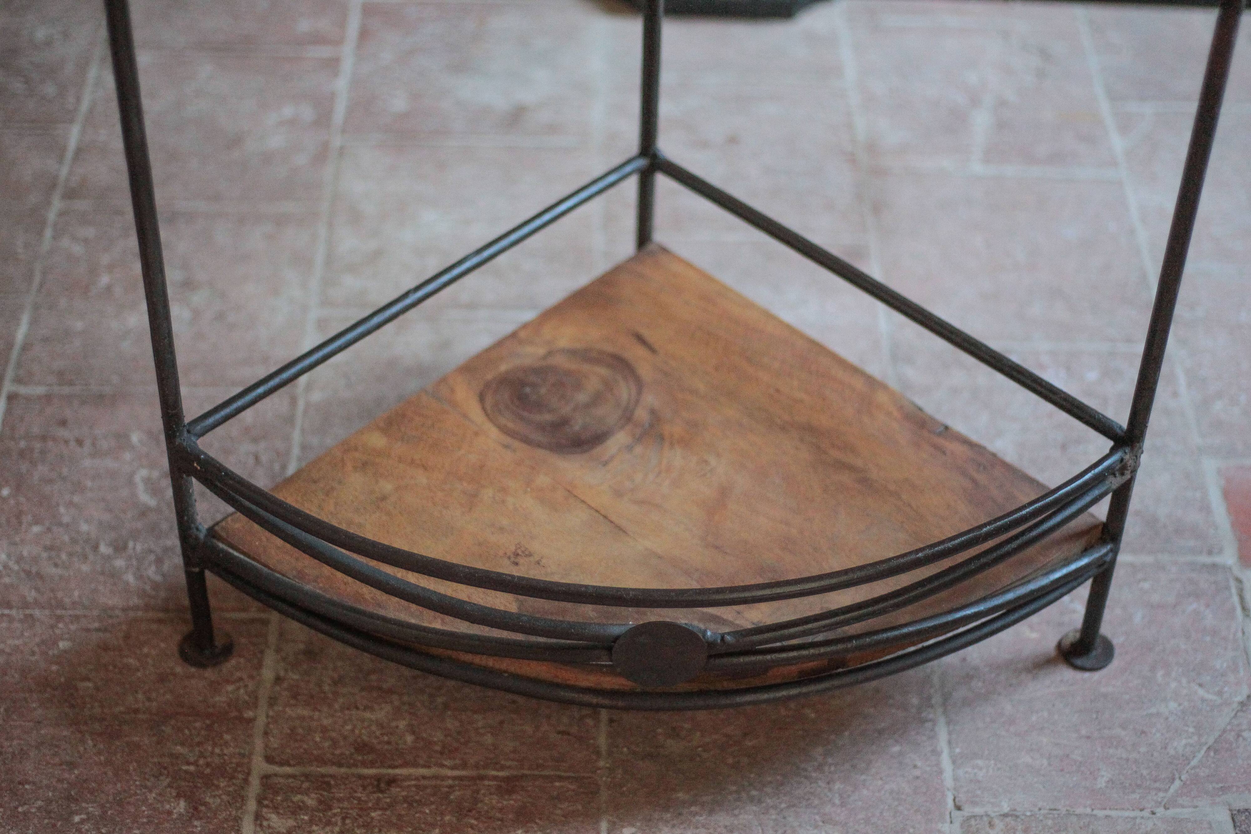Wrought iron and wood corner unit, vintage corner furniture, corner shelf.