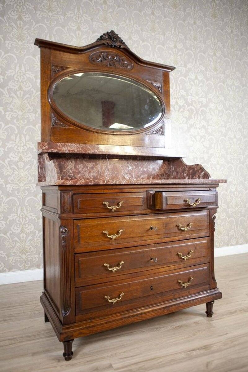 Interwar Walnut Vanity Dresser with Marble Top, 1930s