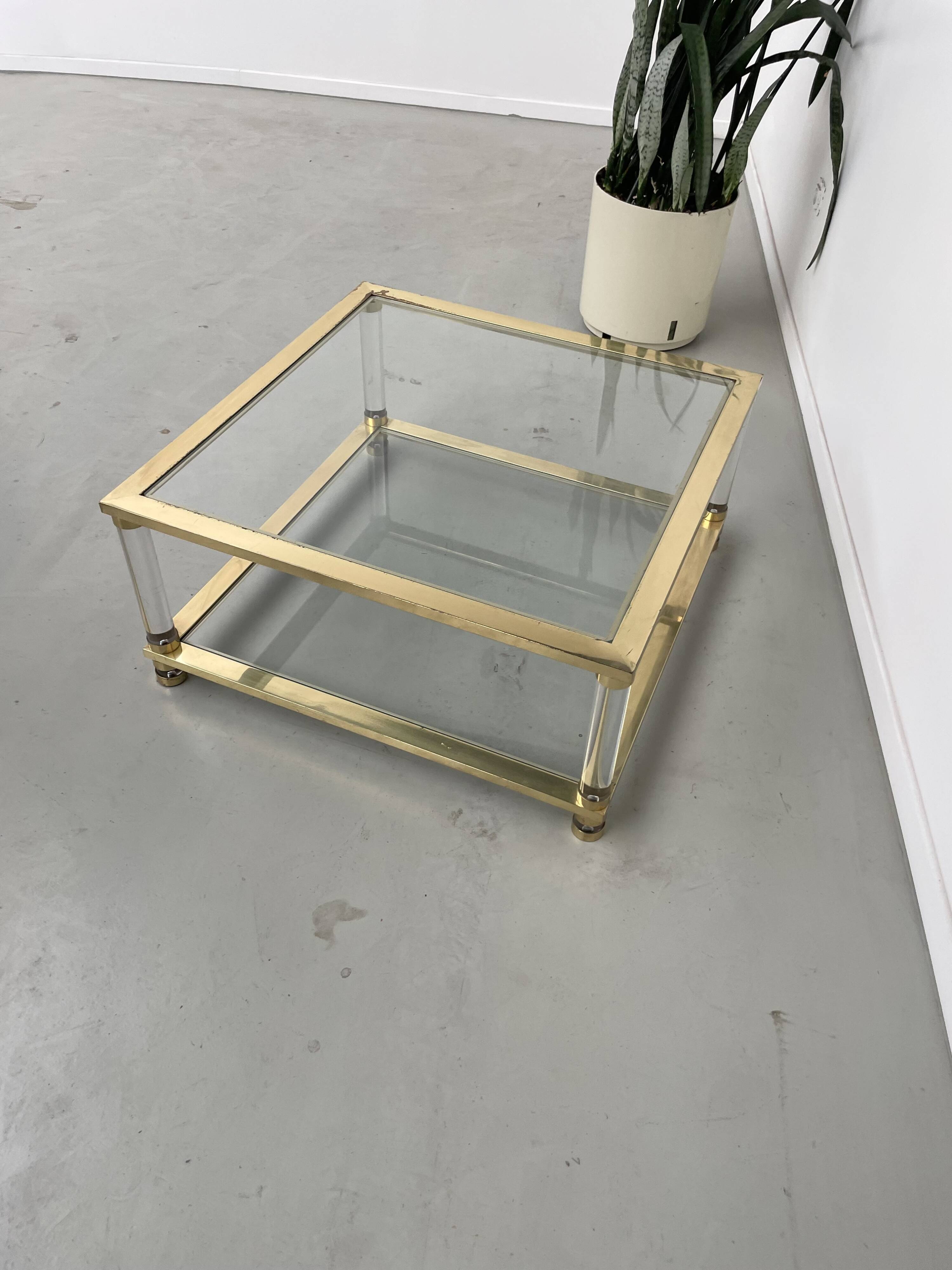 1970s lucite, brass and glass coffee table