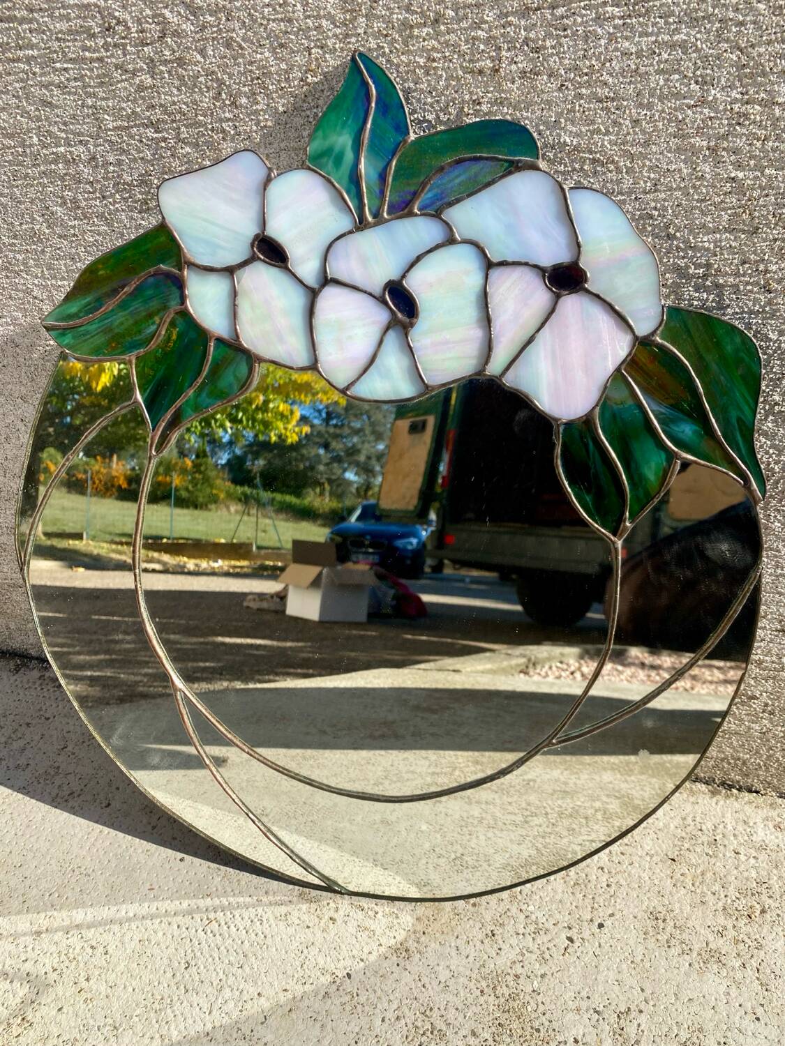 Vitrail, miroir, Tiffany fait main vintage motif à fleurs