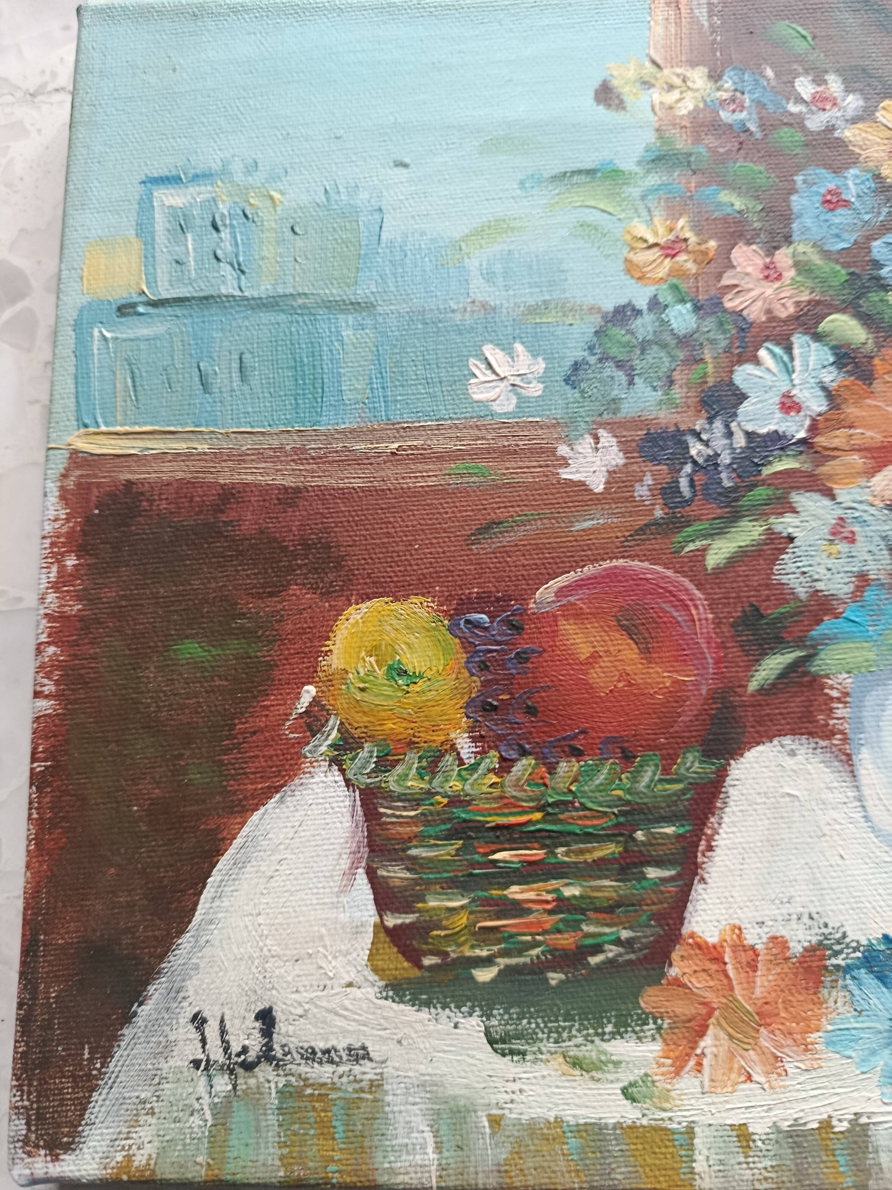 Hst still life signed helman xx: bouquet of flowers, vase, fruit, basket, window