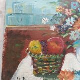 Hst still life signed helman xx: bouquet of flowers, vase, fruit, basket, window