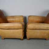 Pair of French Cognac Moustache Back Leather Club Chairs, 1940s