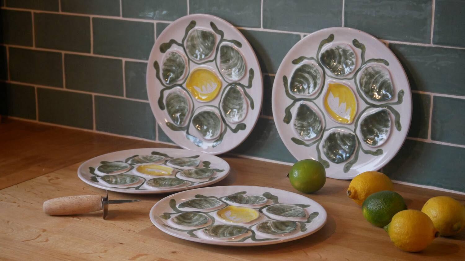 Set of 4 Belon earthenware oyster plates – 25 cm – yellow & green