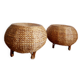 Pair of vintage woven rattan poufs circa 1970