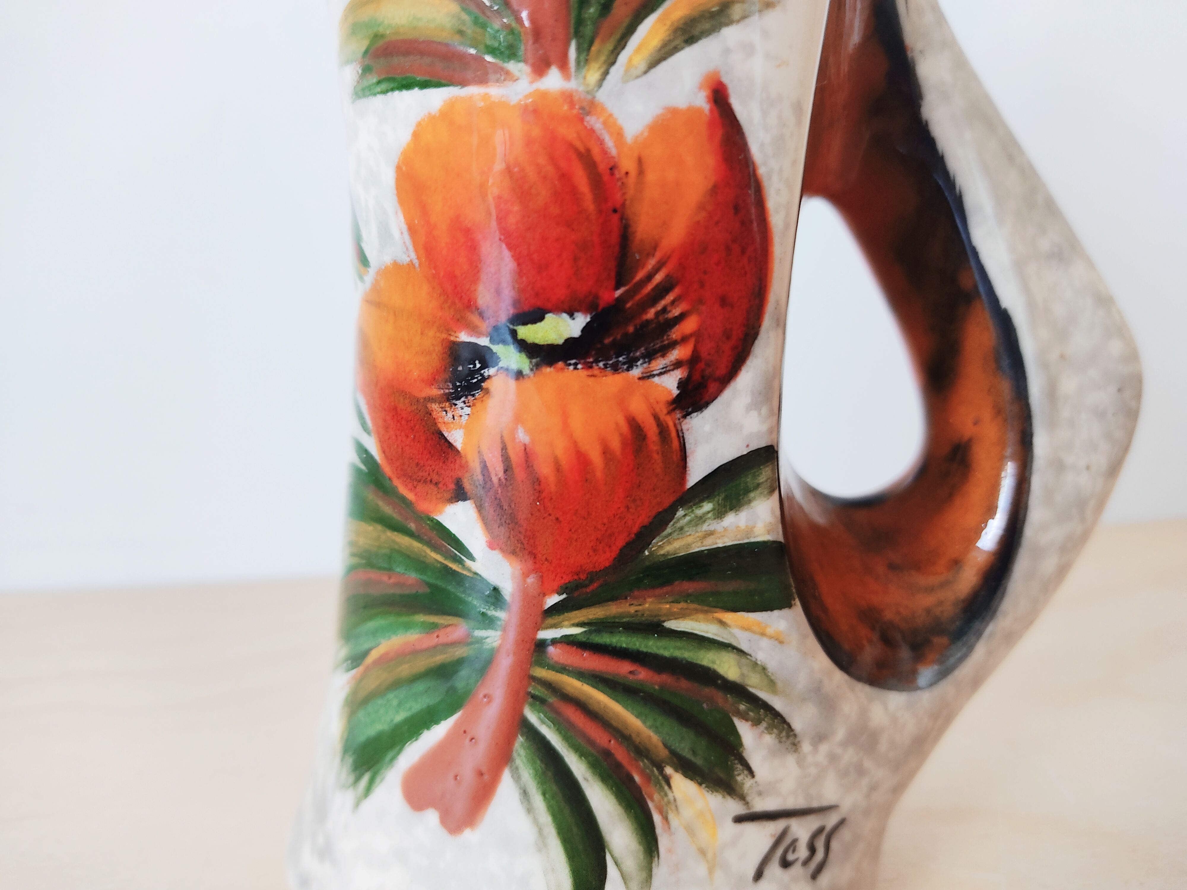 Vintage vase enamels of flowers signed Tess