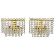 Pair of square wall sconces in gilded brass with hand-cut crystals, 1970s.