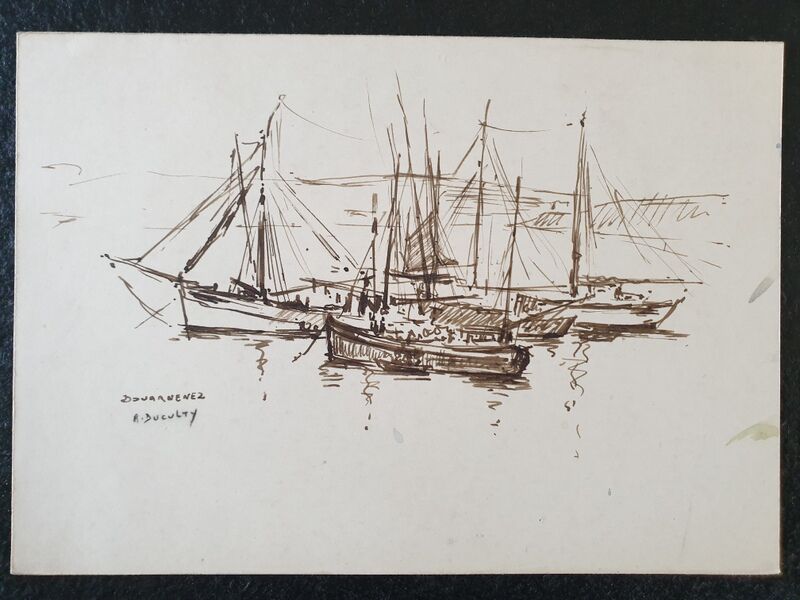 André Duculty (1912-1990) Ink wash on paper "Port de Douarnenez" Signed lower left
