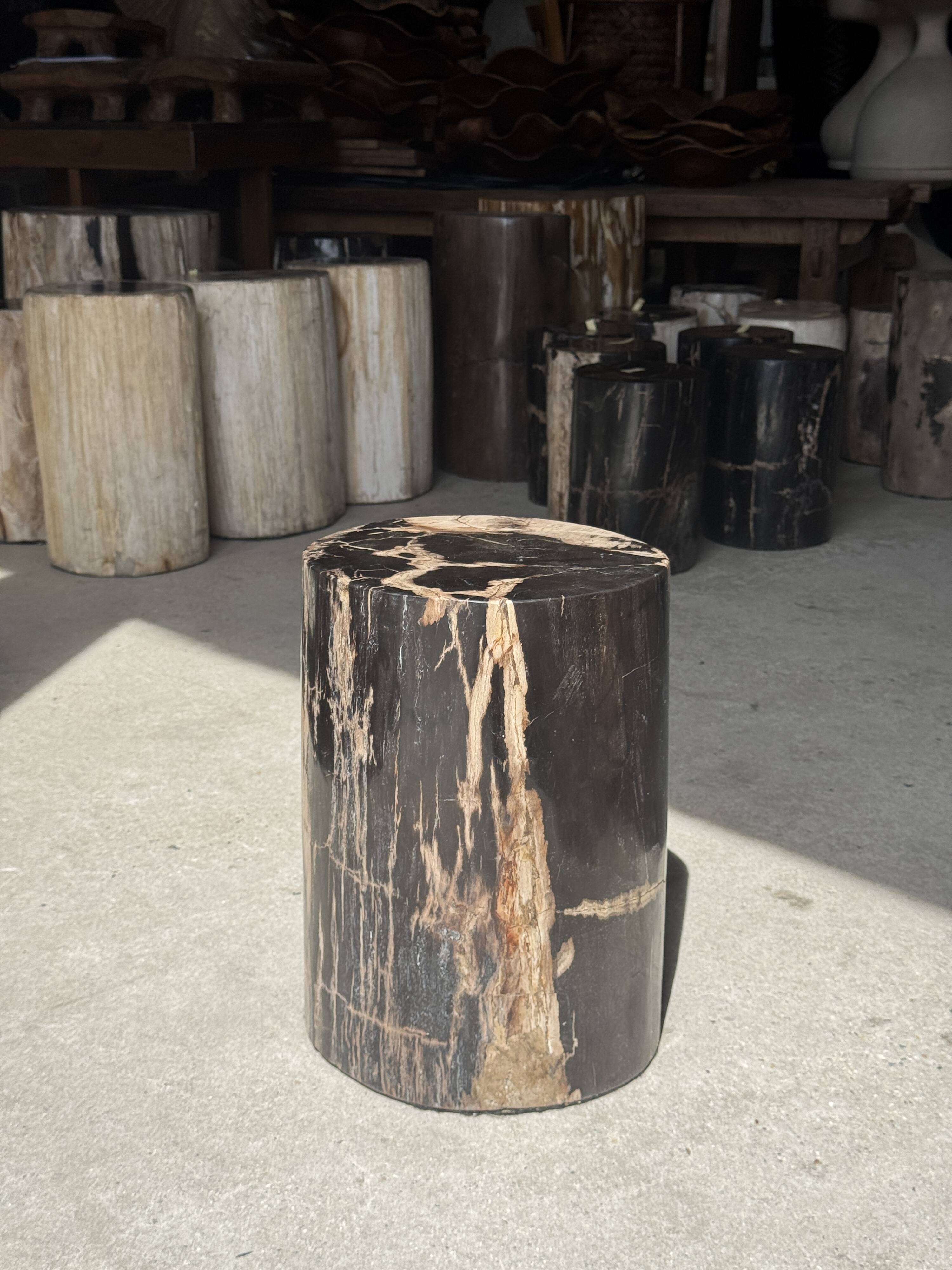 Black petrified wood side table with beige stripes and a semicircular shape.
