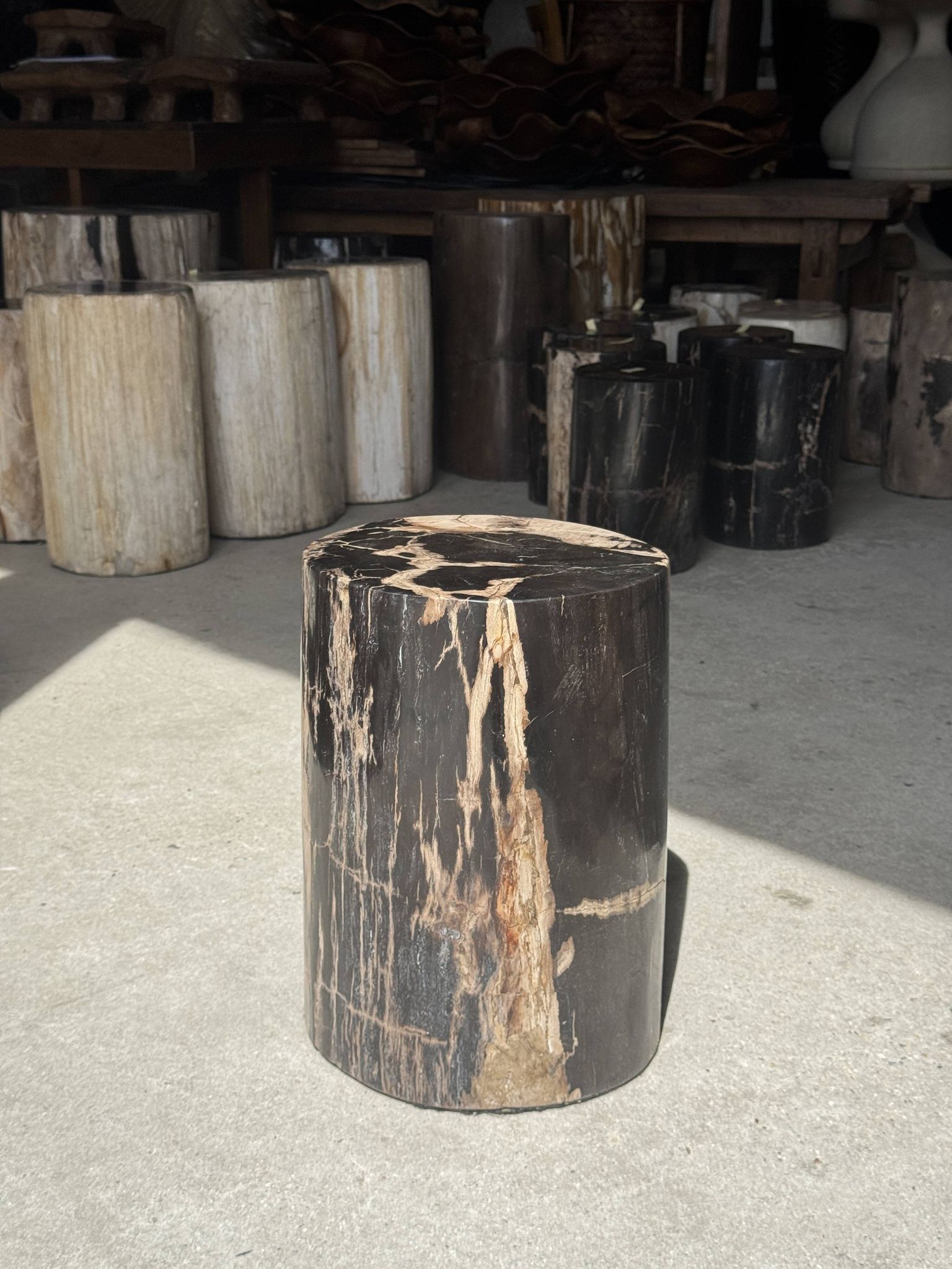 Black petrified wood side table with beige stripes and a semicircular shape.