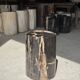 Black petrified wood side table with beige stripes and a semicircular shape.