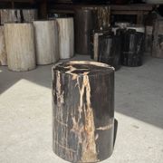Black petrified wood side table with beige stripes and a semicircular shape.