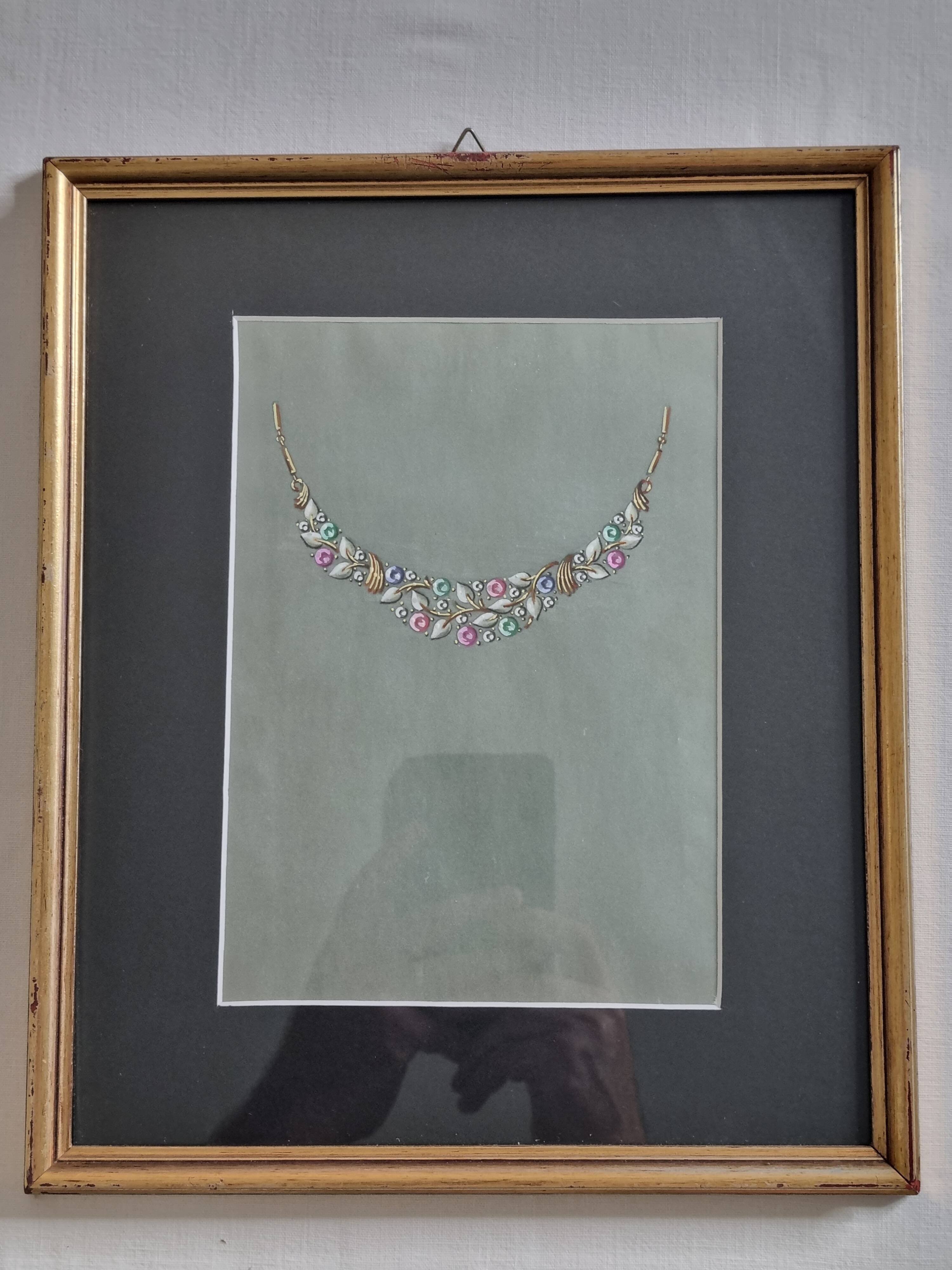 Original gouache from the 1930s, prototype of a unique jewel, New York jeweler, 24 x 28 cm