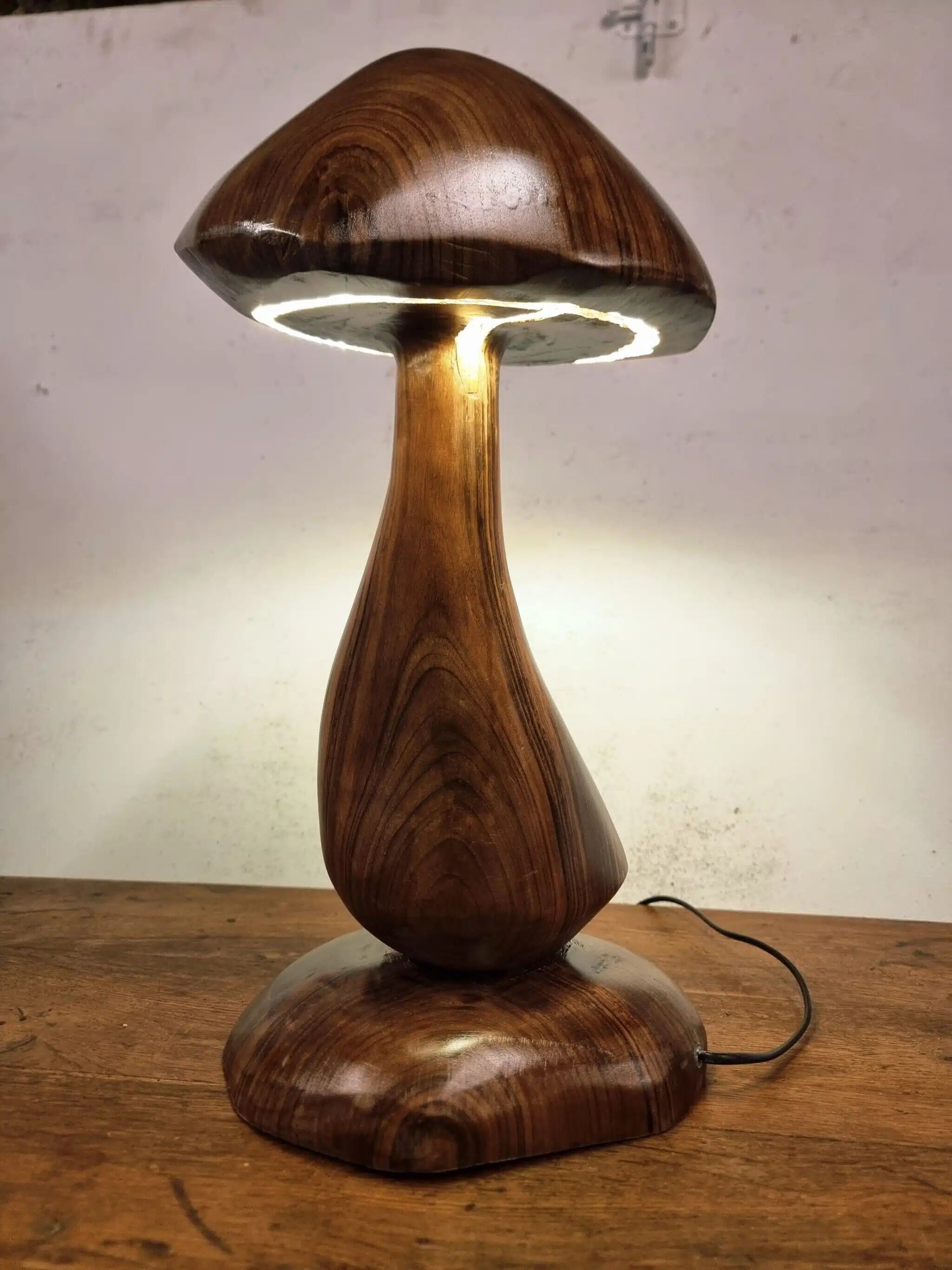 Hand-carved wooden mushroom table lamp with integrated LED