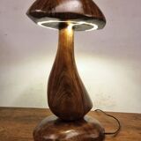 Hand-carved wooden mushroom table lamp with integrated LED