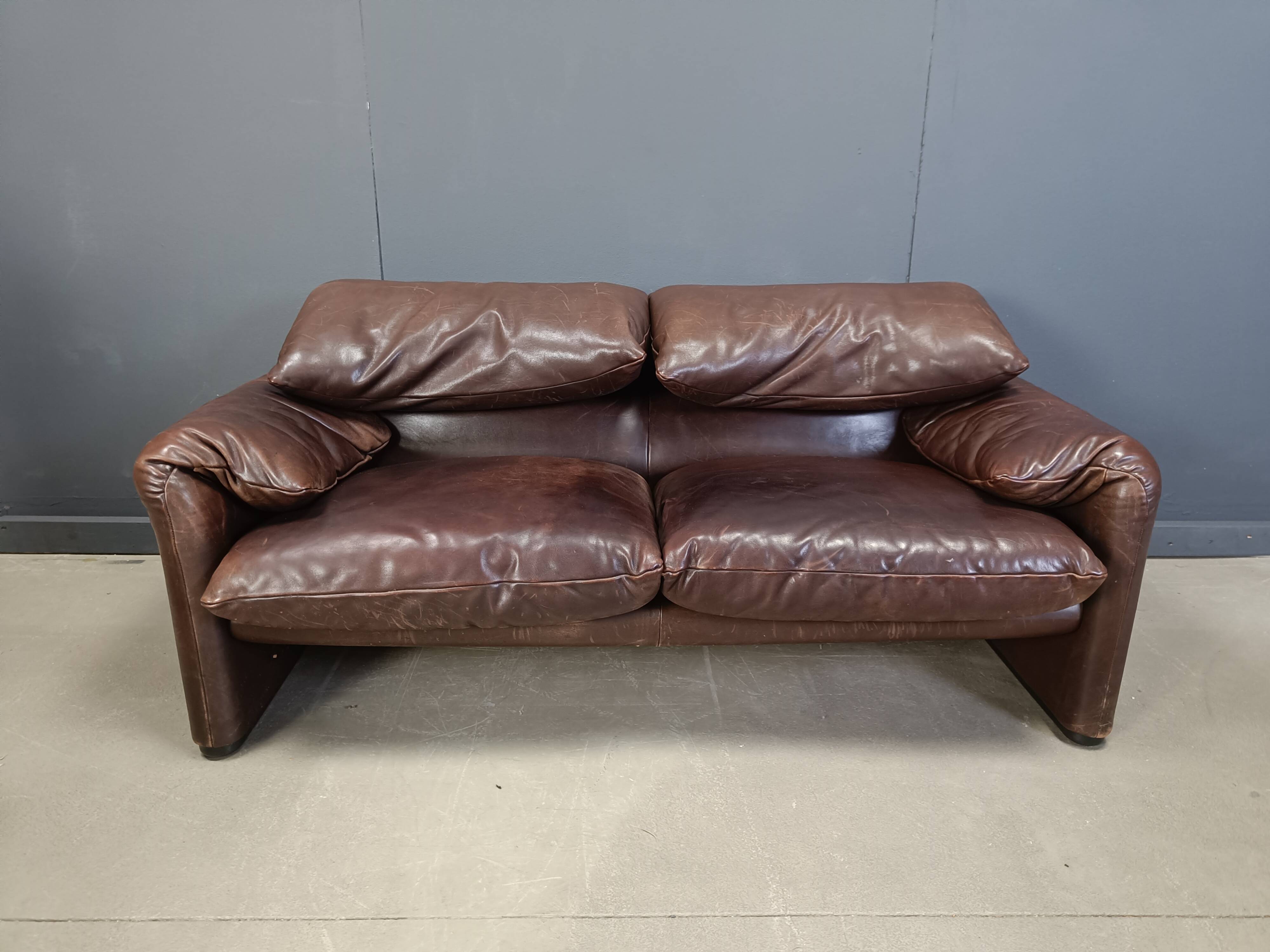 Ensemble de canapés Maralunga en cuir marron vintage, années 1970