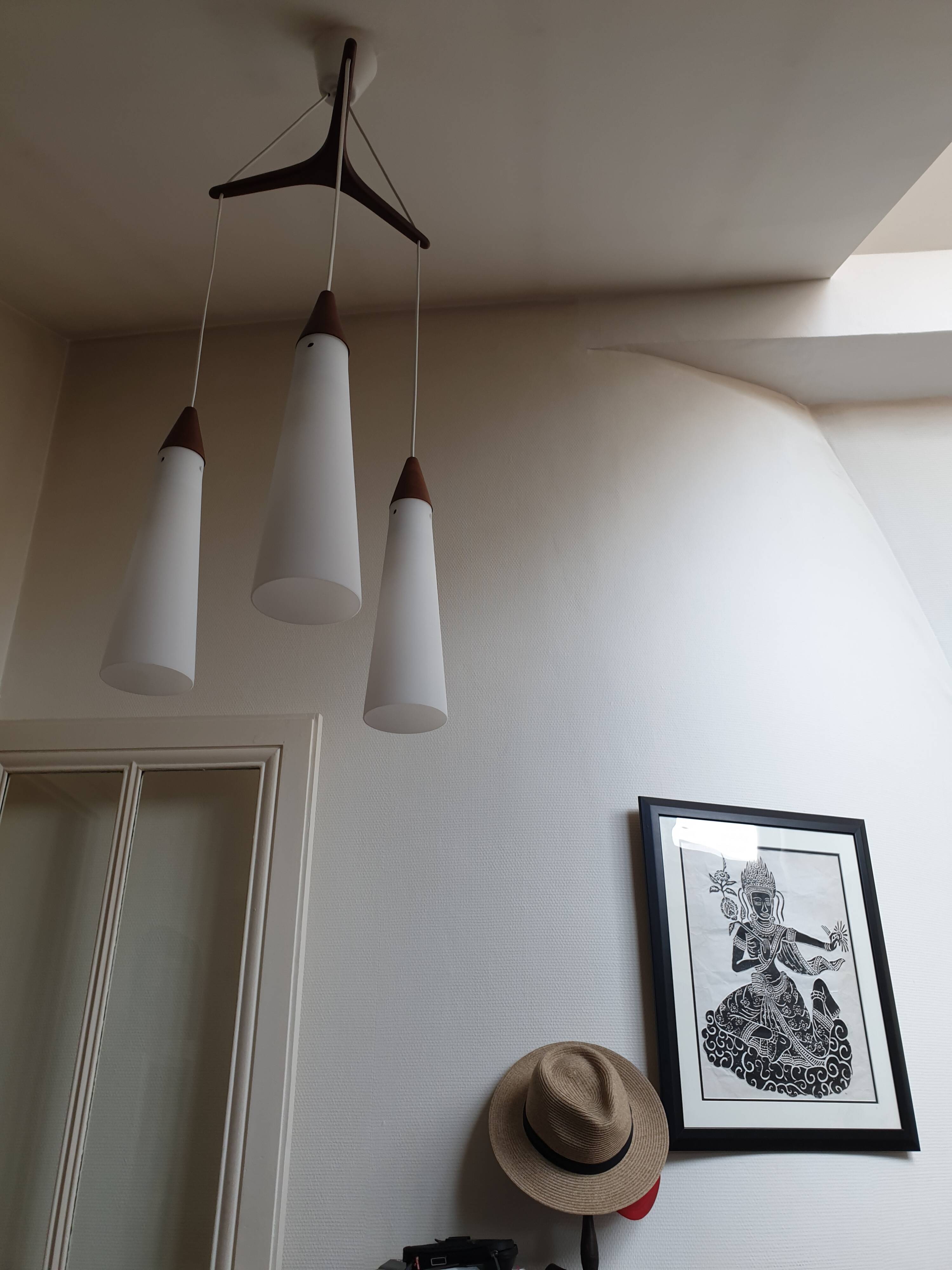 Scandinavian teak and glass pendant light 1960