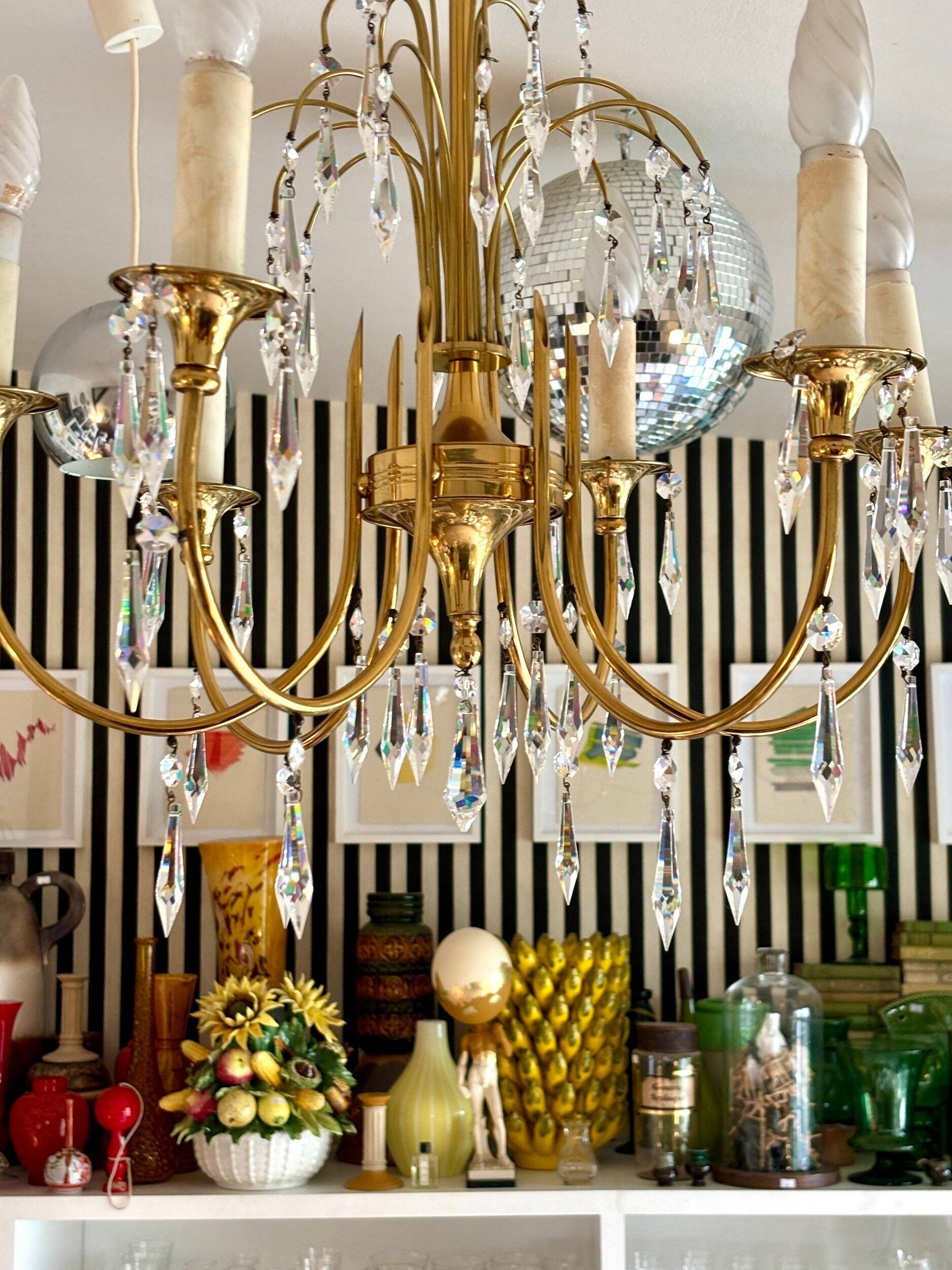 6-light chandelier in gold metal and tassels