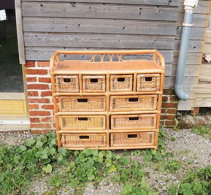 Ancienne Commode en Rotin / Osier Clair 10 Tiroirs