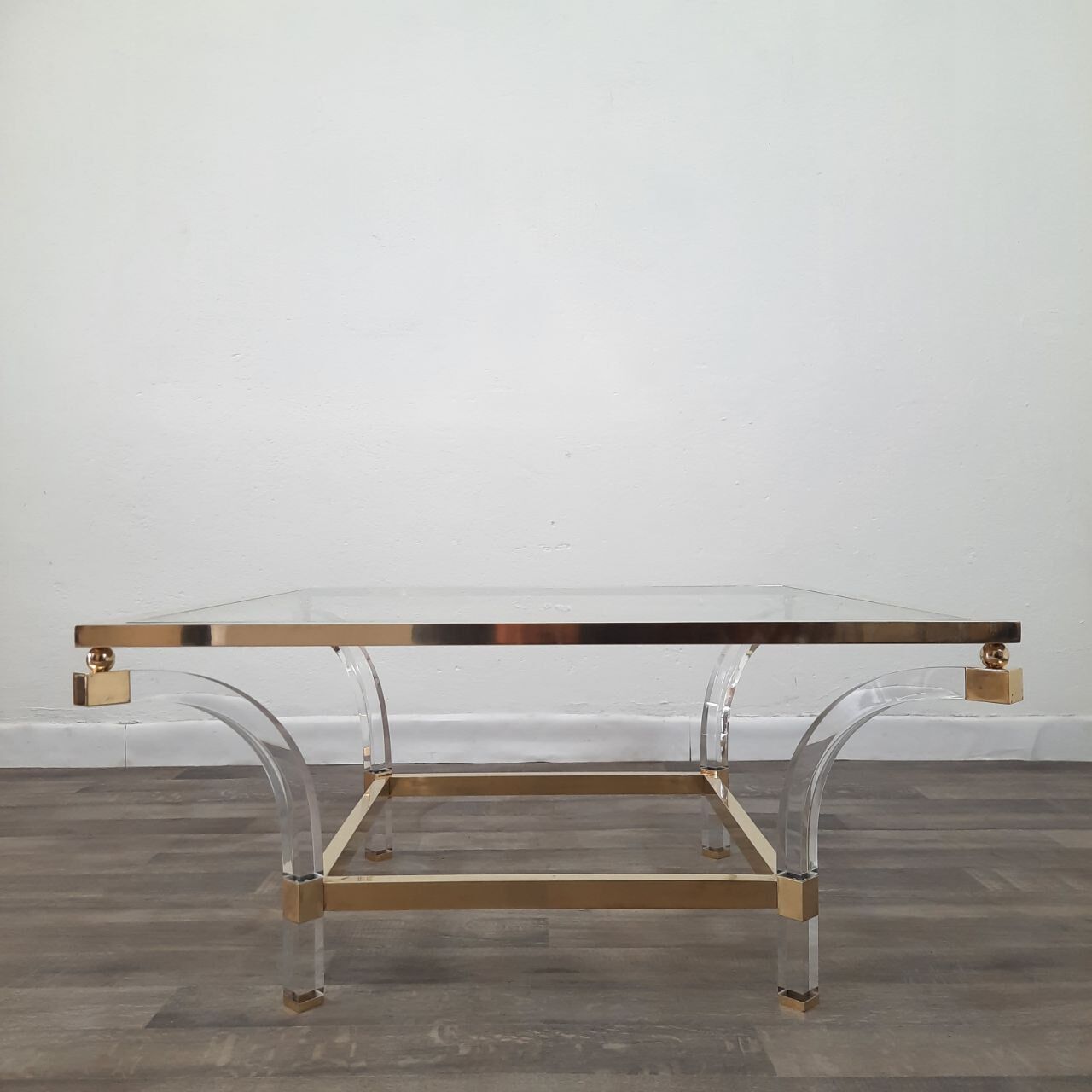 Square coffee table, lucite, brass and glass, Hollywood Regency