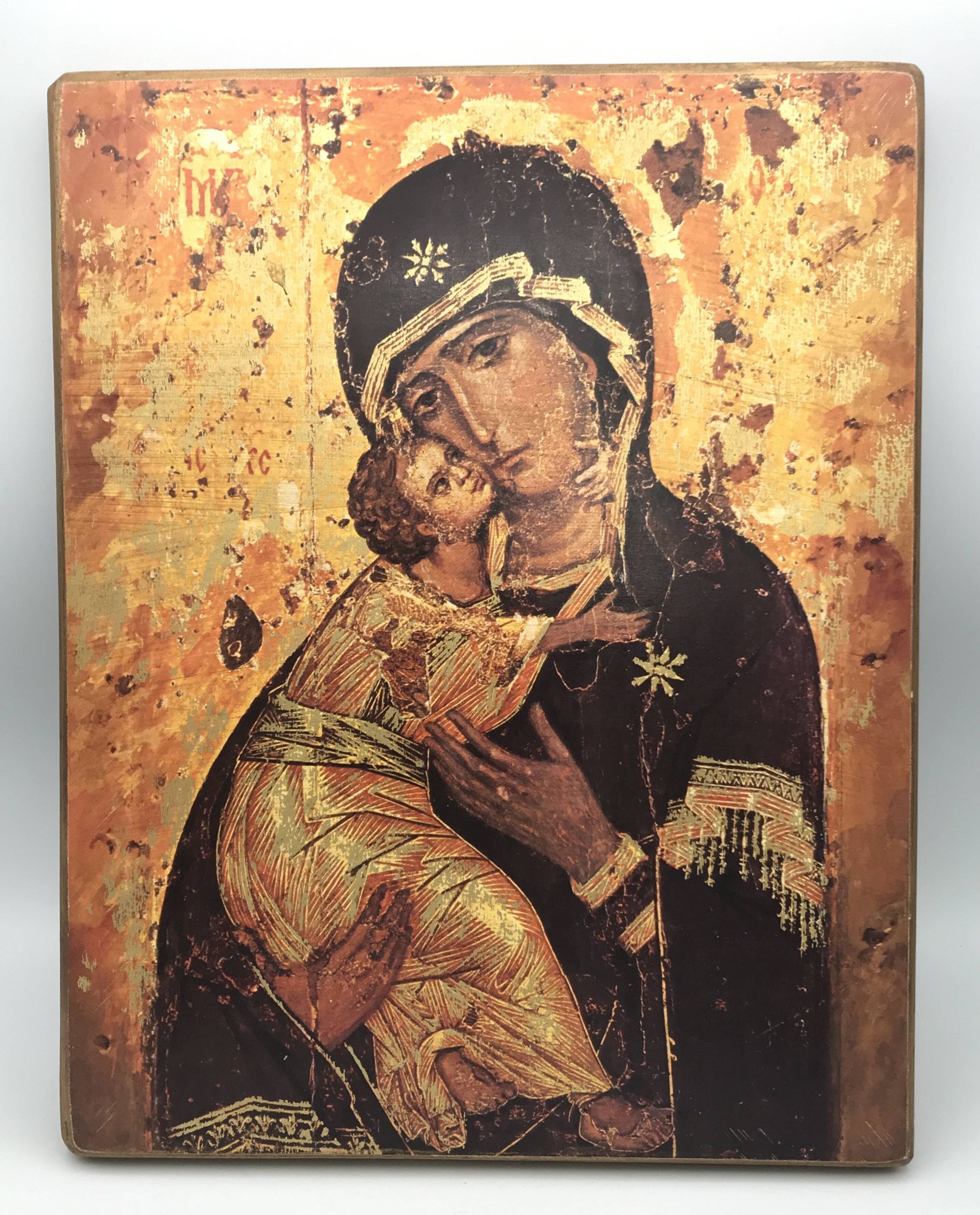 Religious ICON of the Virgin Vladimir Holy Theotokos on wooden support