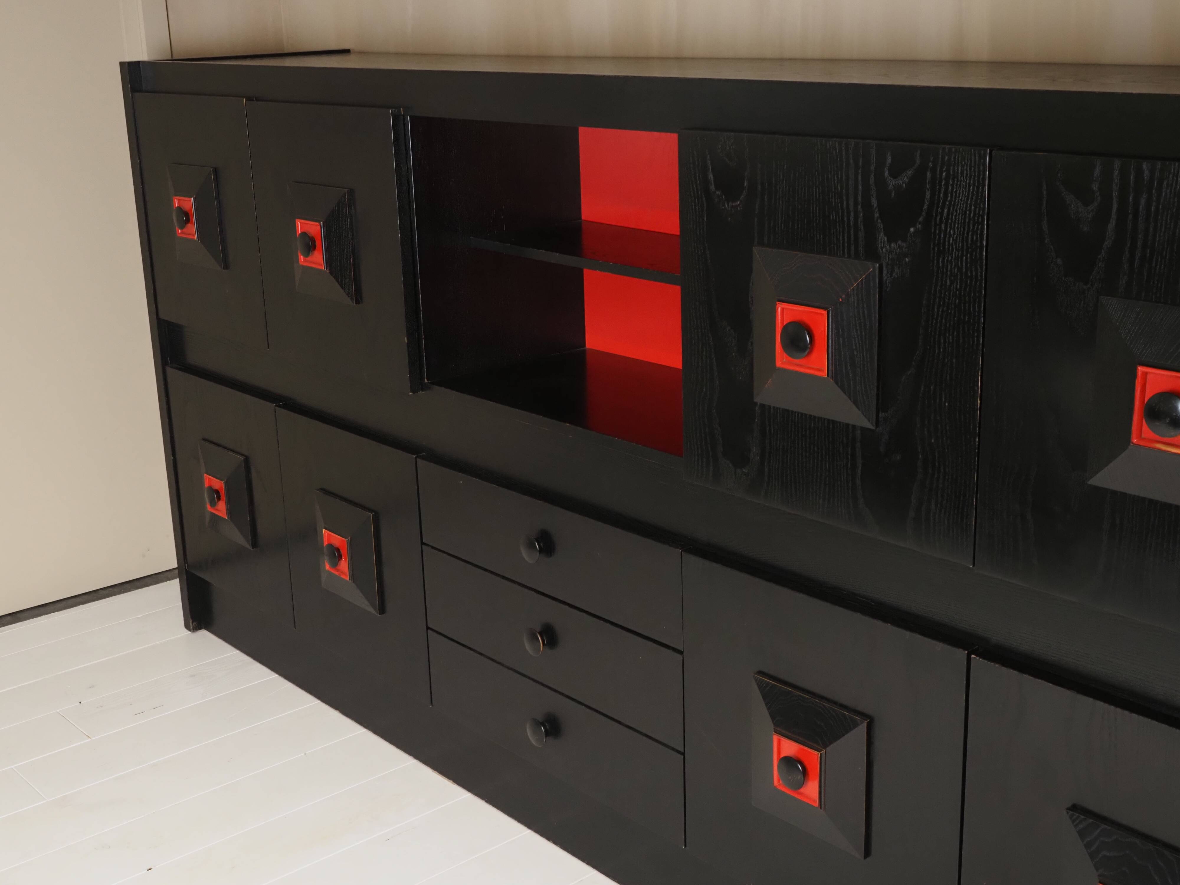Brutalist Belgian buffet in black and red from the 1960s.