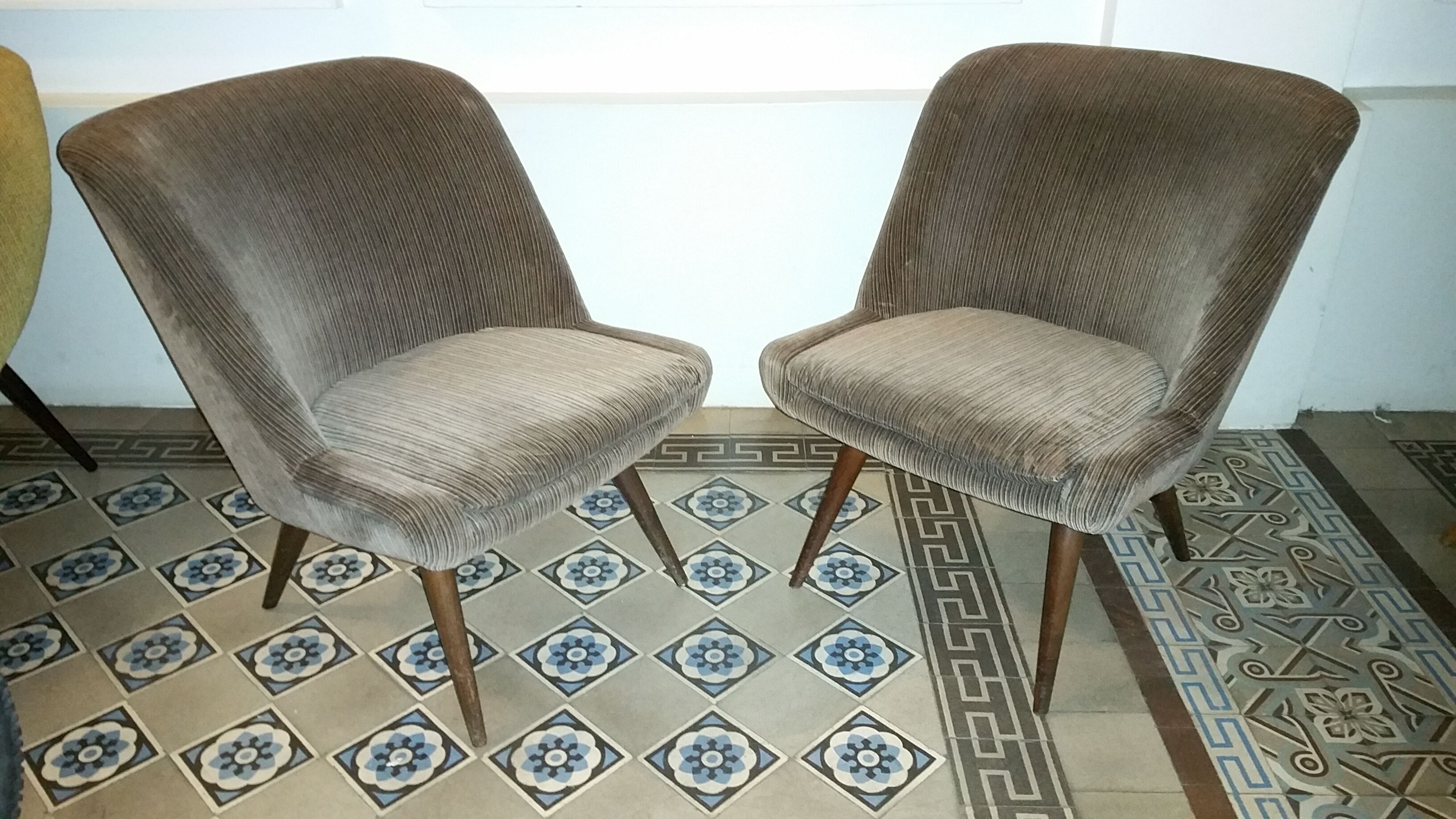 Restored low chair in velvet fabric 50s 60s