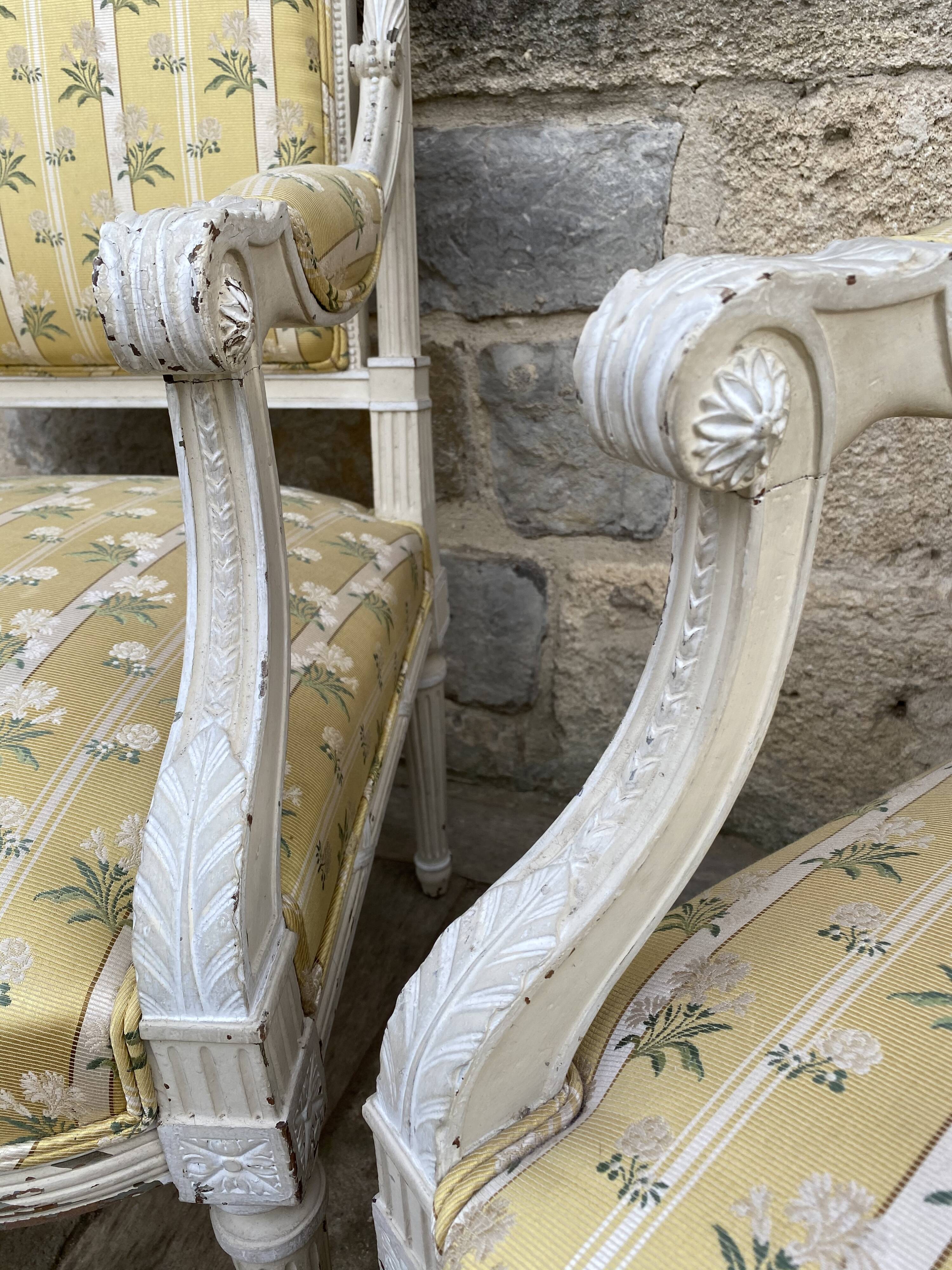 Pair of chairs shepherdesses Louis XVI patinated wood