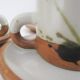 Four pottery cups and saucers from La Colombe Vallauris