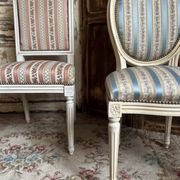 Pair of Louis XVI style chairs in painted wood and satin, classic elegance.