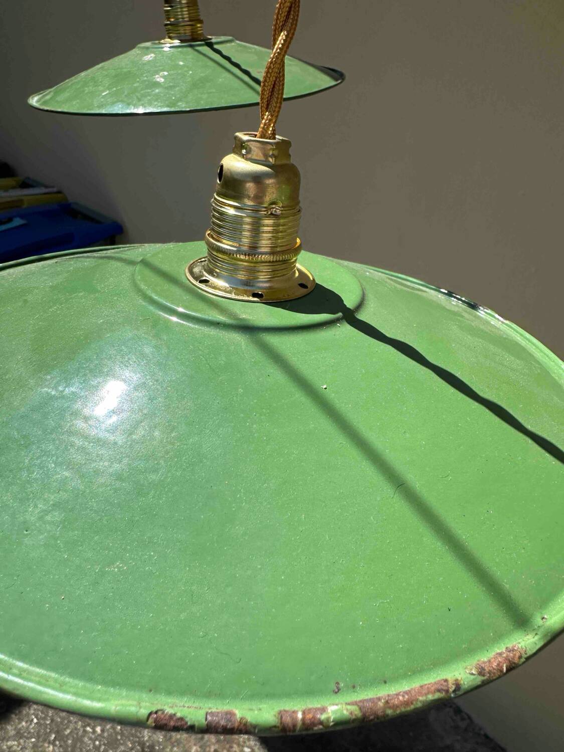Lot of 3 vintage pendant lampshades in green and white enamelled sheet metal, industrial farm
