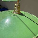 Lot of 3 vintage pendant lampshades in green and white enamelled sheet metal, industrial farm