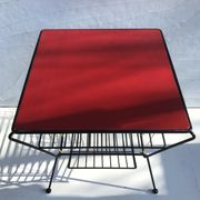 Old coffee table with black metal and scoubidou magazines holder