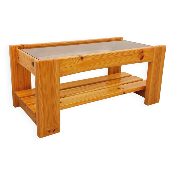 Table basse vintage en pin et verre fumé des années 70 80