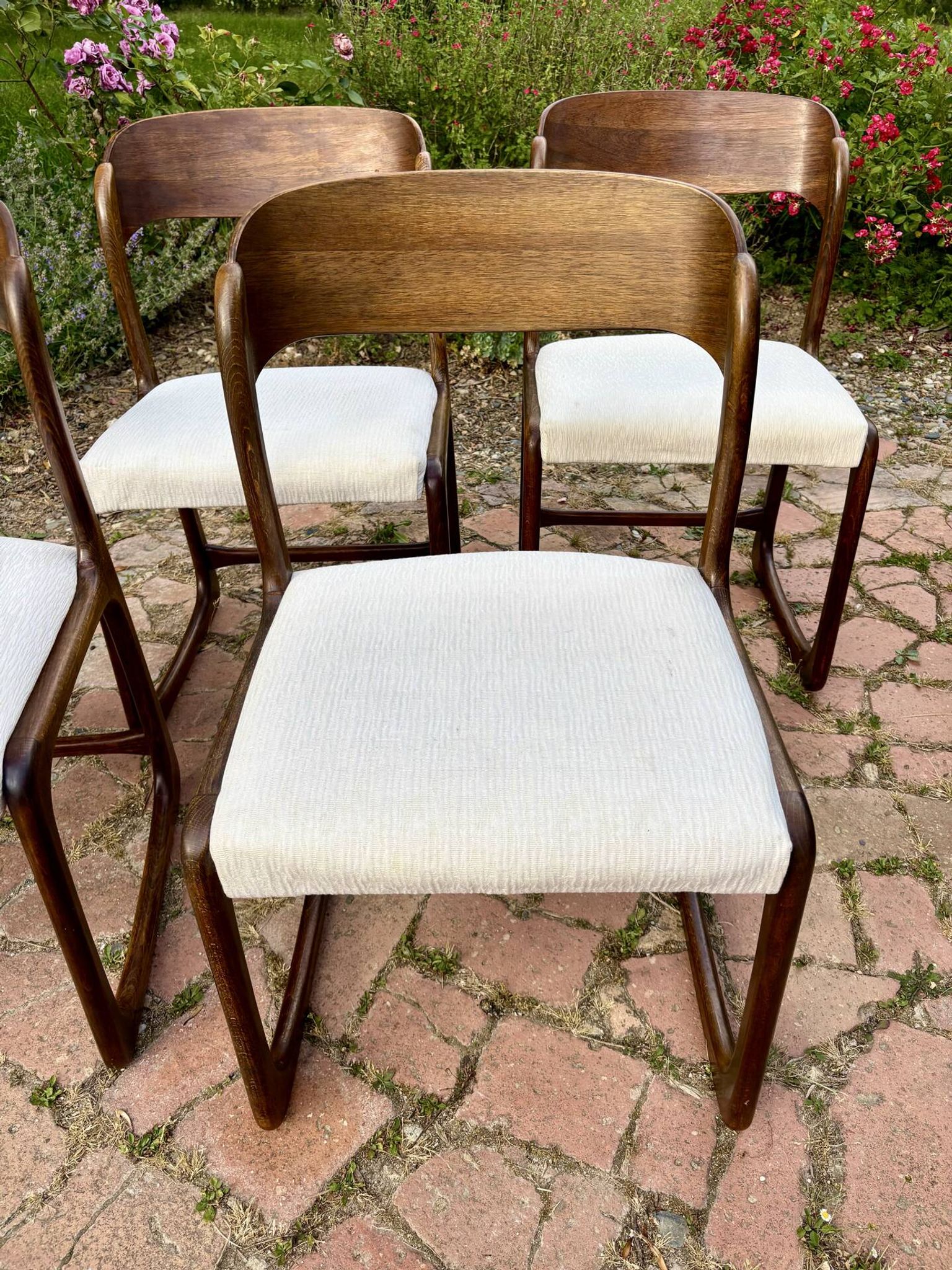 Four vintage Baumann sled chairs from the 1960s 1970s.