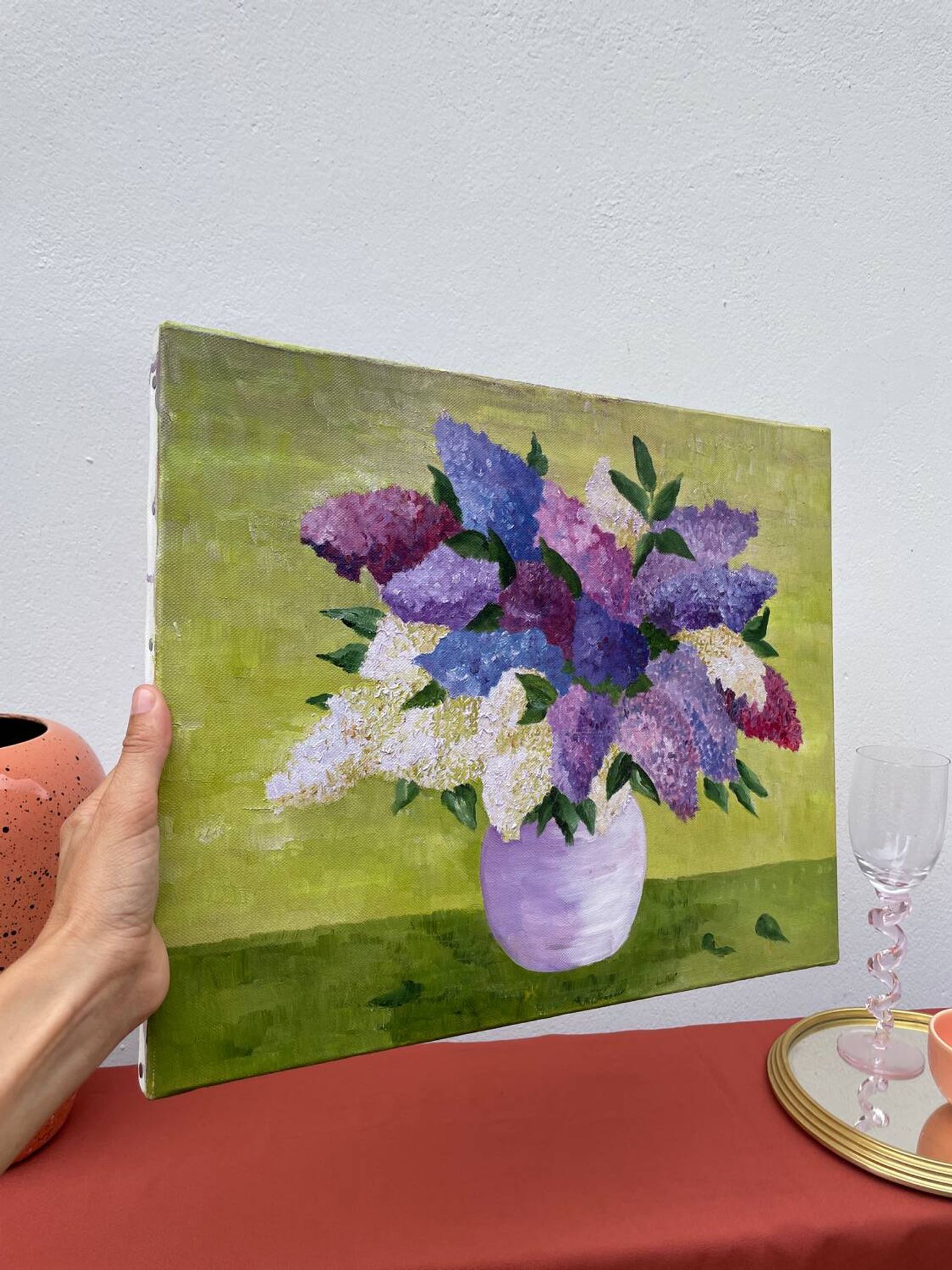 Painting bouquet of lilacs oil on canvas