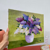 Painting bouquet of lilacs oil on canvas