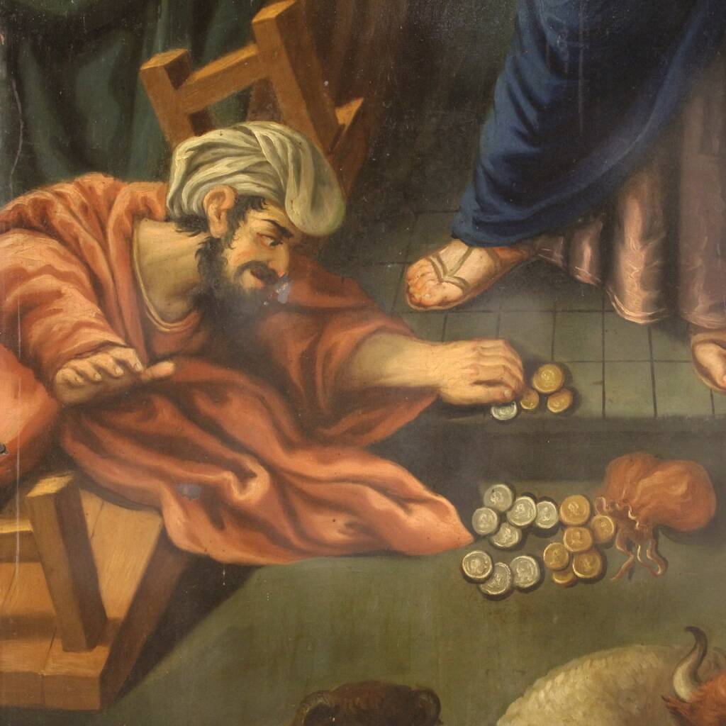Peinture italienne à l'huile sur cuivre "Expulsion des marchands du temple"
