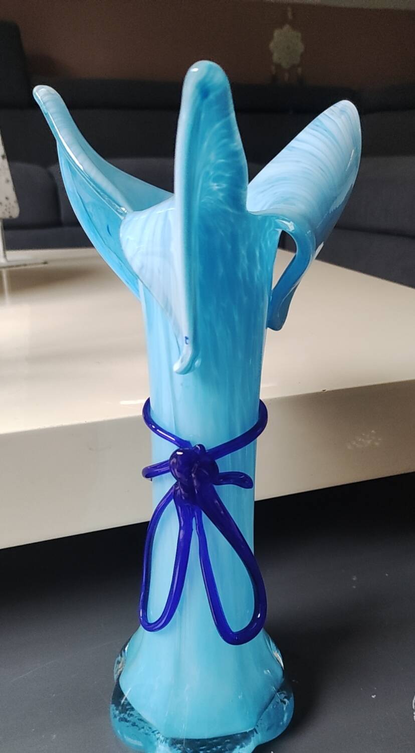 Large Murano Vase Floral Design, Opaline. Relief Ribbon Bow Decor