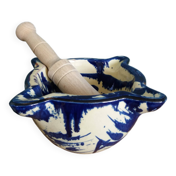 Glazed terracotta mortar and wooden pestle