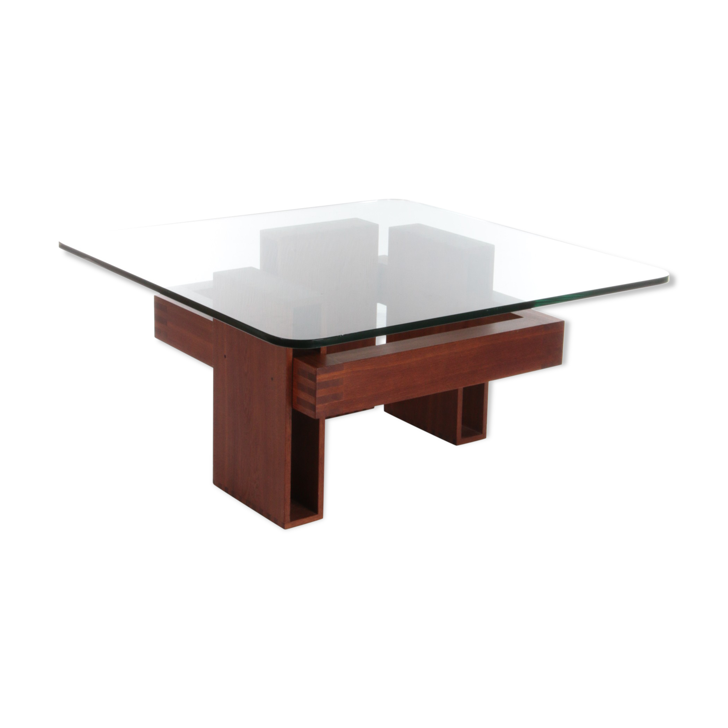 French Brutalist Design coffee table of teak with glass top, 1970