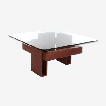 French Brutalist Design coffee table of teak with glass top, 1970