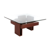 French Brutalist Design coffee table of teak with glass top, 1970