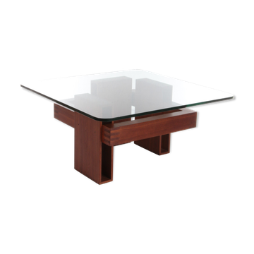 French Brutalist Design coffee table of teak with glass top, 1970