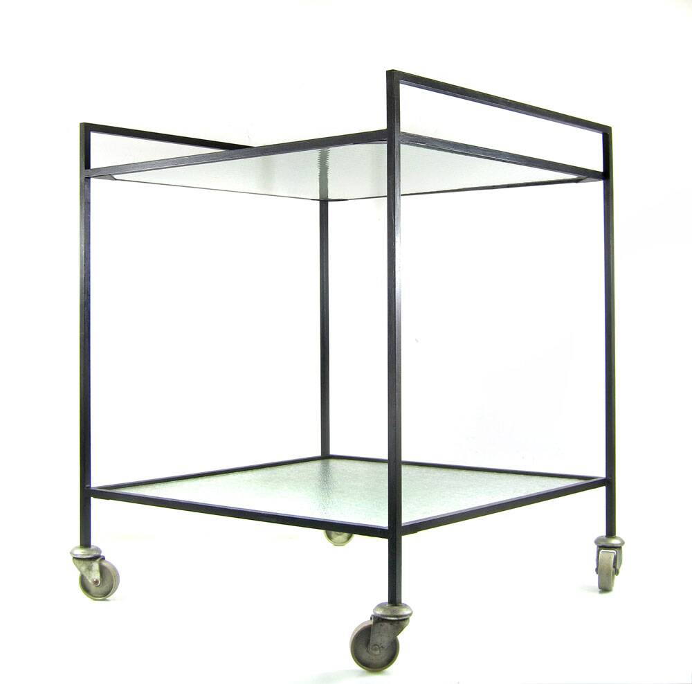Minimal steel and wired glass sixties tea trolley
